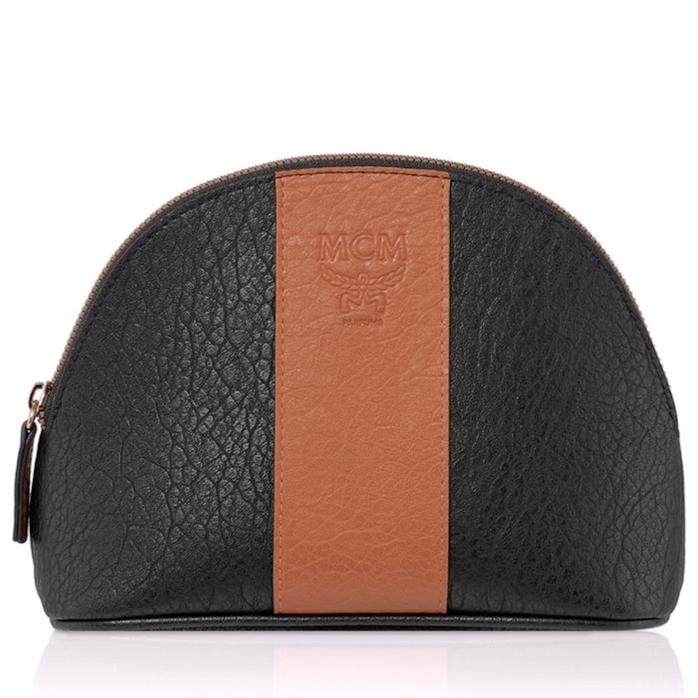 MCM Pouch Embossed Faux Leather Clutch Cosmetic Bag Black & Tan